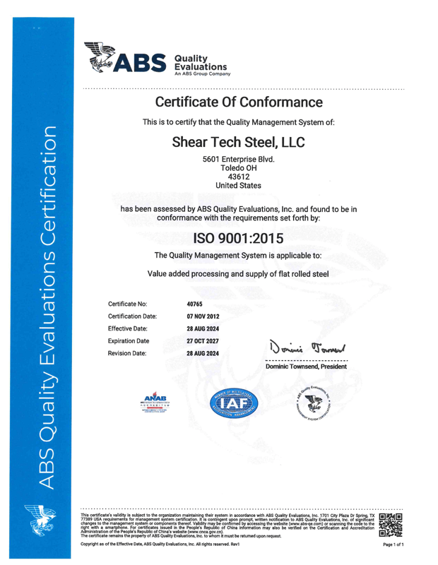 ABS Quality Evaluations, Certificate of Conformance - Shear Tech Steel
